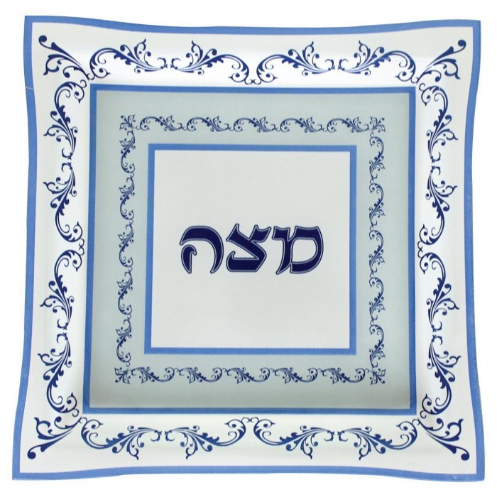 Matzah Plate in Glass with Blue Decoration