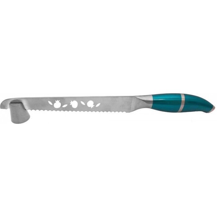 Blue Stainless Steel Challah Knife & Stand with Cutout Pomegranates