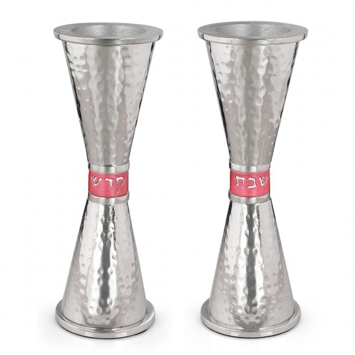 Y. Karshi Anodized Aluminum Shabbat Candlesticks With Hammered Design (Red)