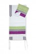 White Tallit Set with Purple and Green Stripes and Roses