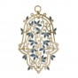 Large Brass Hamsa with Dark Blue Leaves and Thin Scrolling Lines